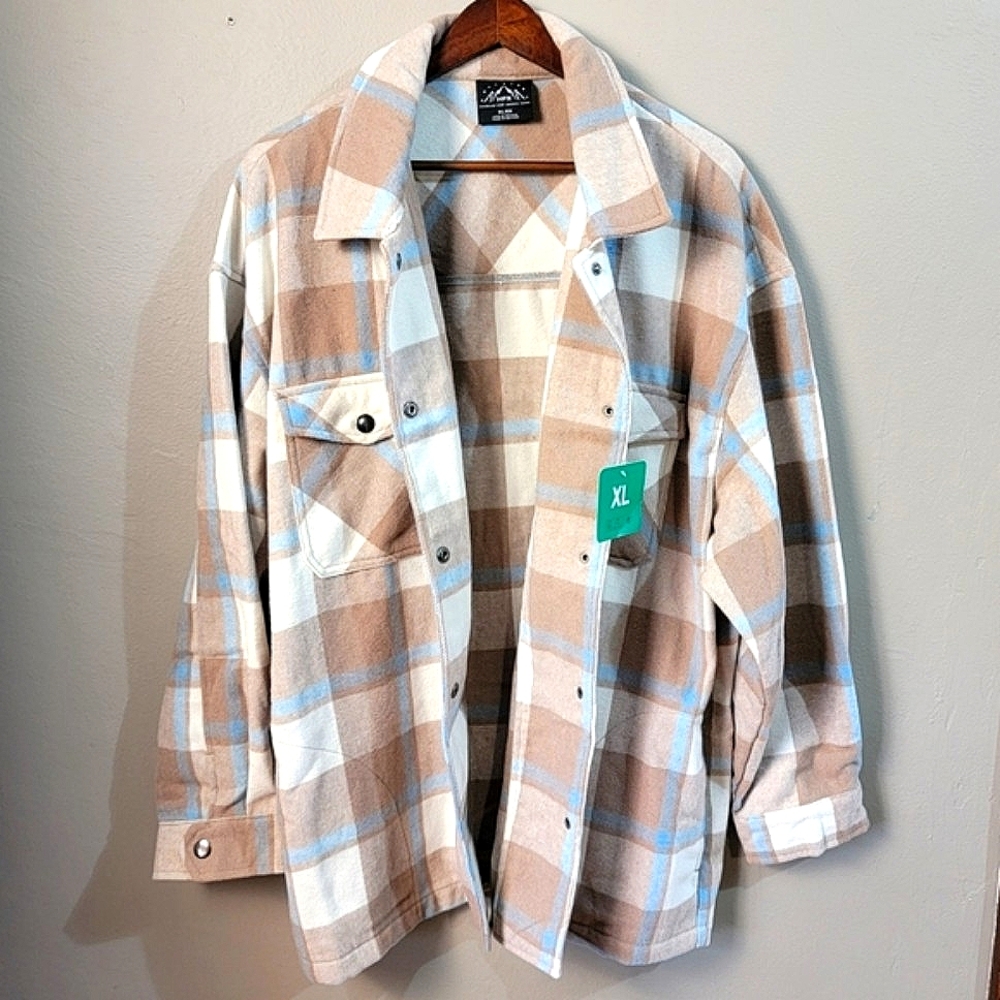 HFX NWT Brown & Blue Plaid Button-Up Long Sleeve Flannel Jacket - WOMEN'S XL